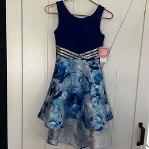 Blue Floral High-Low Party/Pageant Dress with Embellished Waist & cross back sz7